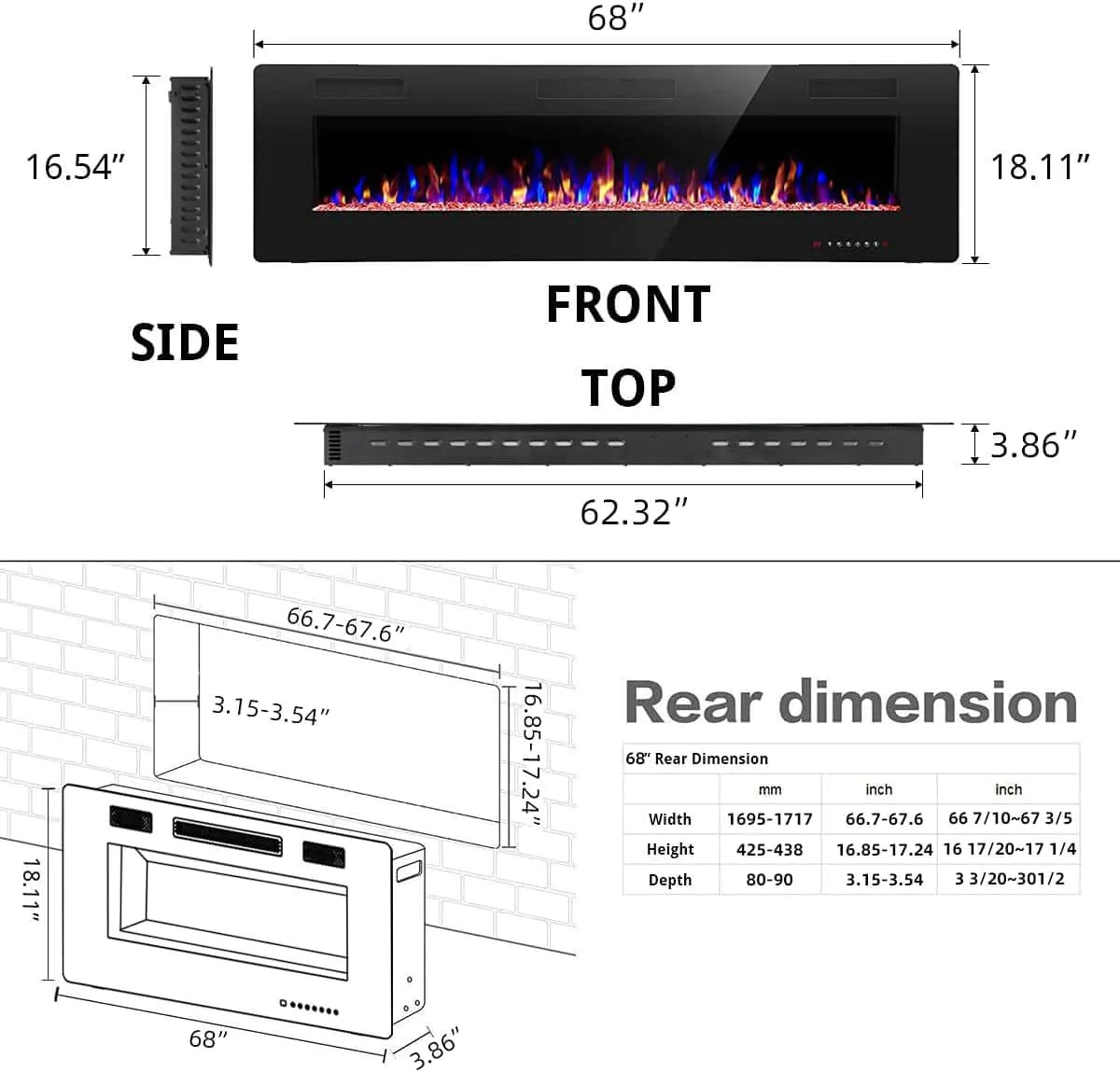 Electric Fireplace Recessed and Wall Mounted,830C3,836C3,842C3,850C3,860C3,868C3