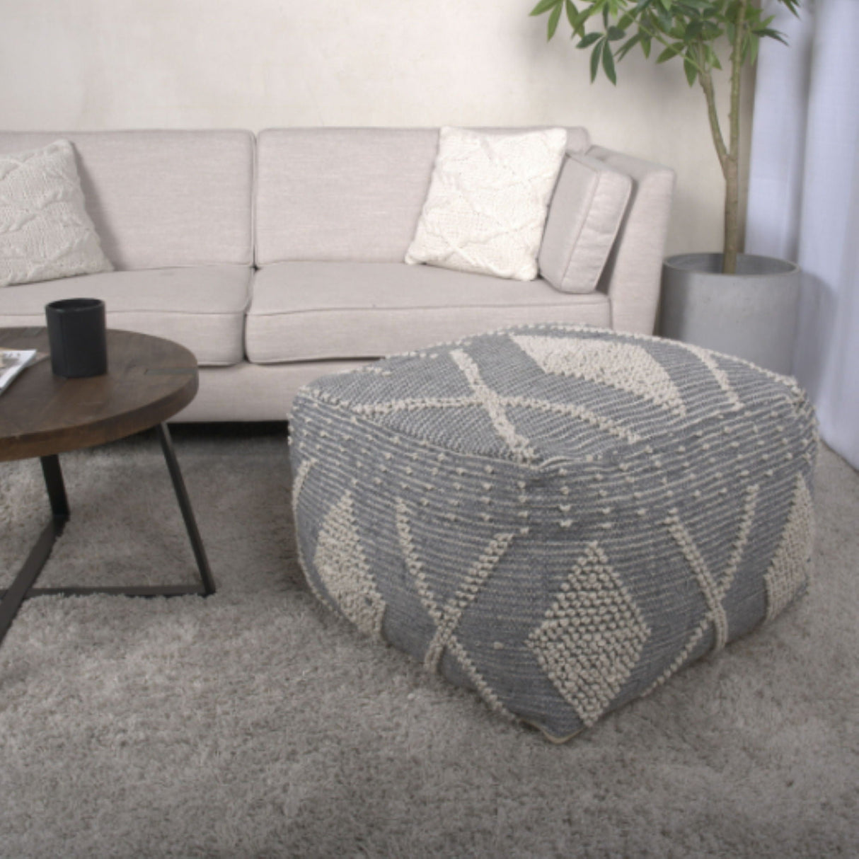 Diamond - Handcrafted Faux Yarn Pouf - Ivory / Gray by Couch.com