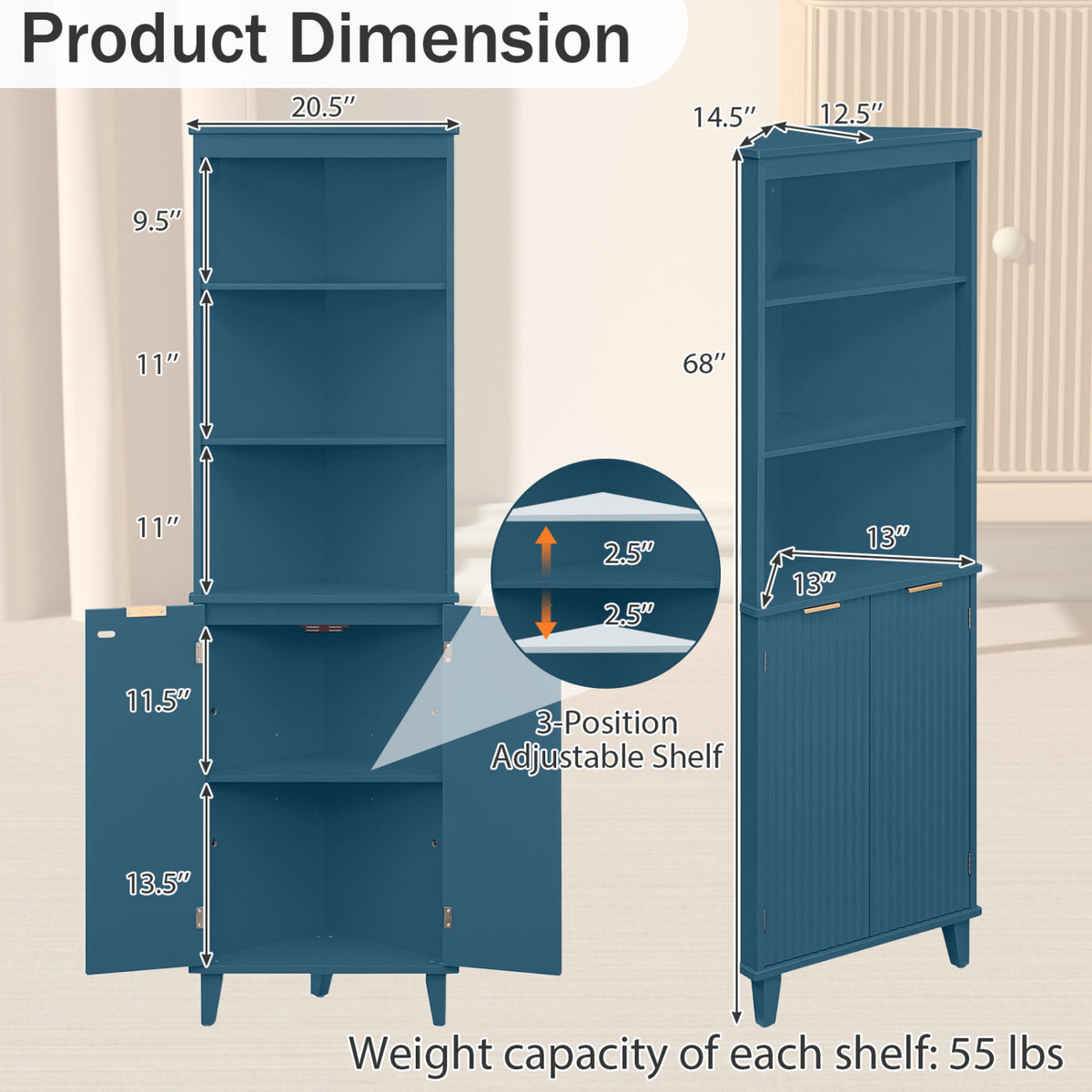 68 Inch Tall Bathroom Floor Storage Cabinet with Fluted Doors-Blue
