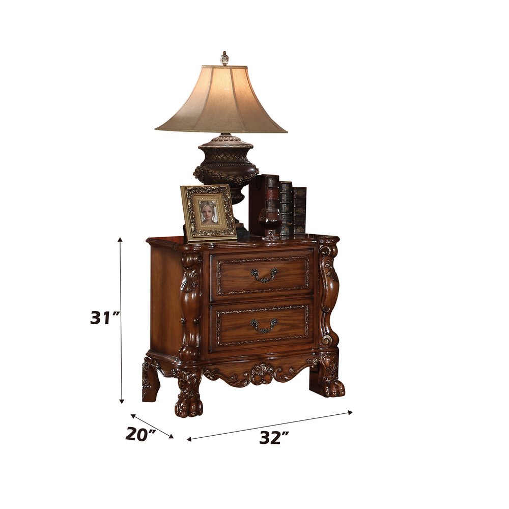 31" Brown Wood Carved Scrollwork Two Drawer Nightstand