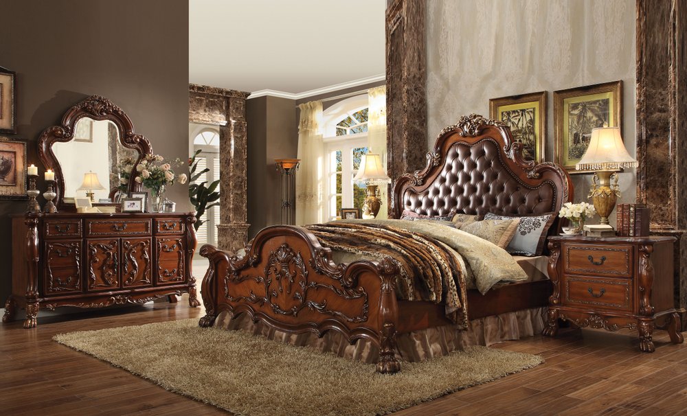 31" Brown Wood Carved Scrollwork Two Drawer Nightstand