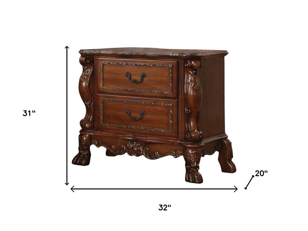 31" Brown Wood Carved Scrollwork Two Drawer Nightstand