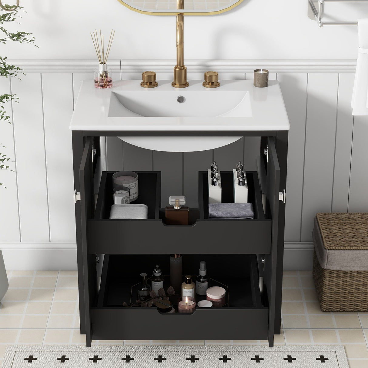 Freestanding Bathroom Vanity Combo With Ceramic Sink Shaker Style Vanities 2 Doors And 2 Drawers - Black by Couch.com