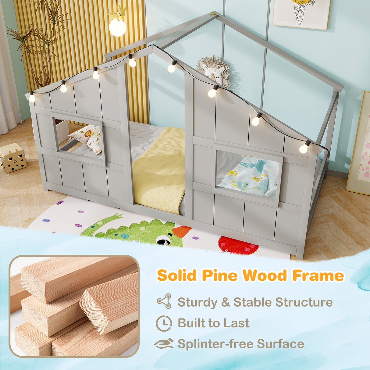 Twin Size House Bed with LED Lights Montessori Slat-free Floor Bed-Grey