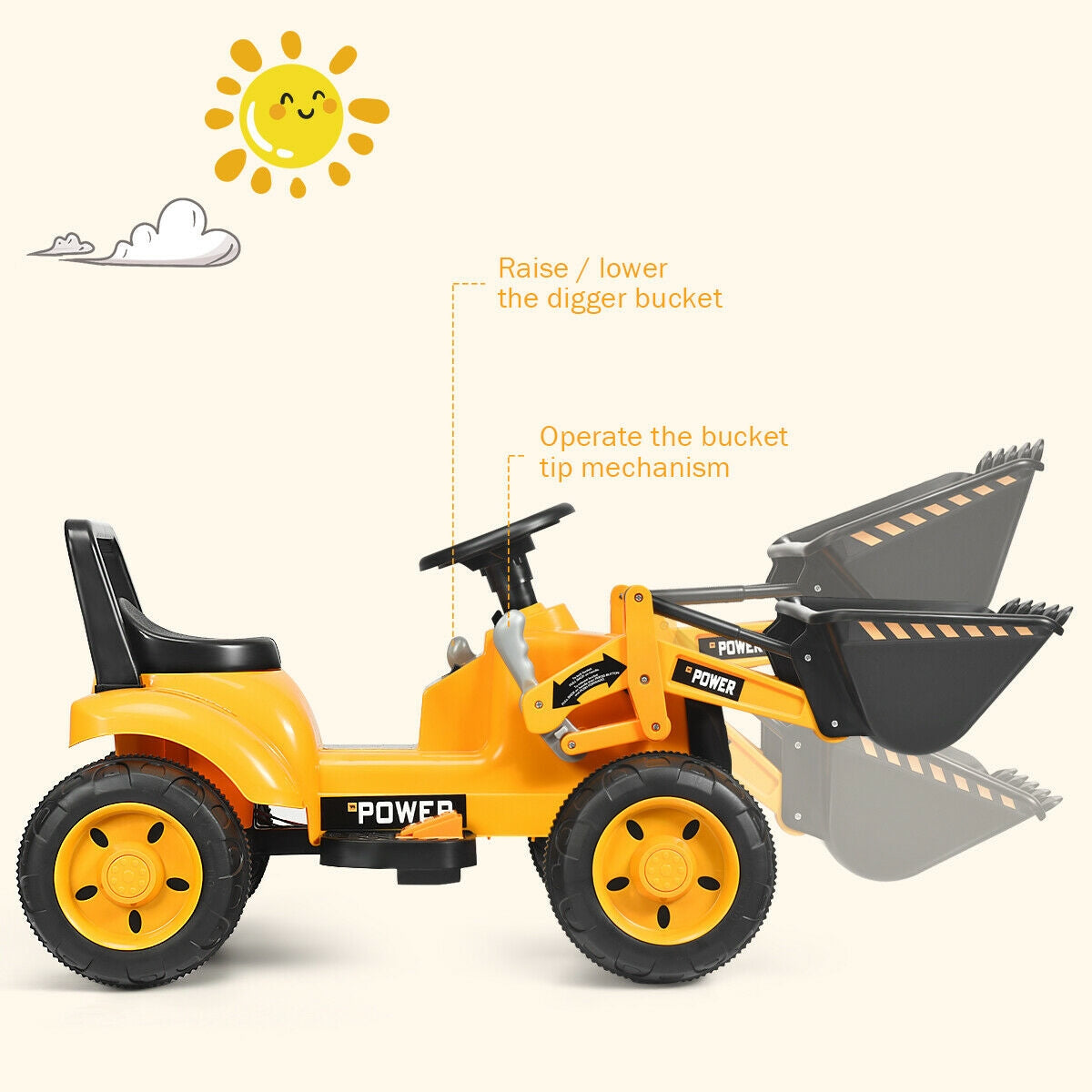 Kids Ride On Excavator Digger 6V Battery Powered Tractor-Yellow