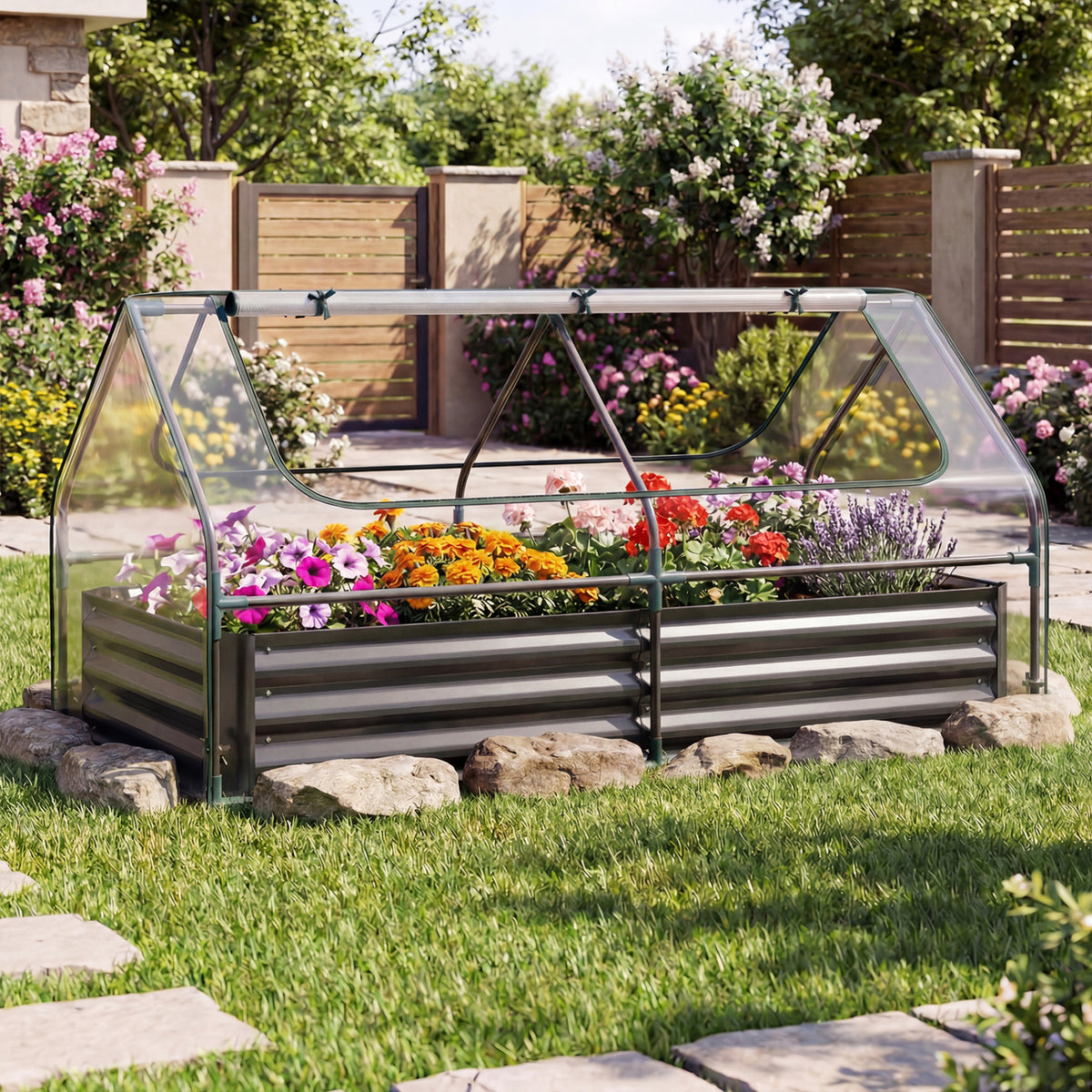 69 x 33 x 12 Inch Galvanized Raised Garden Bed with Cover-Black