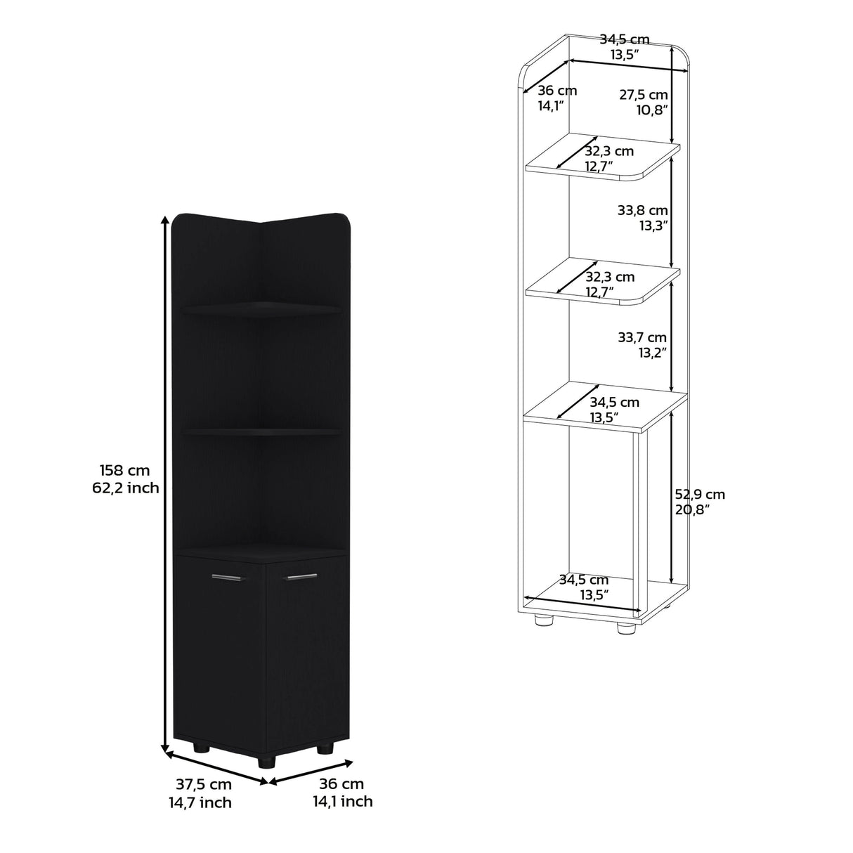 Corner Cabinet Tall With 3 Tier Shelf And 2 Door - Black by Couch.com