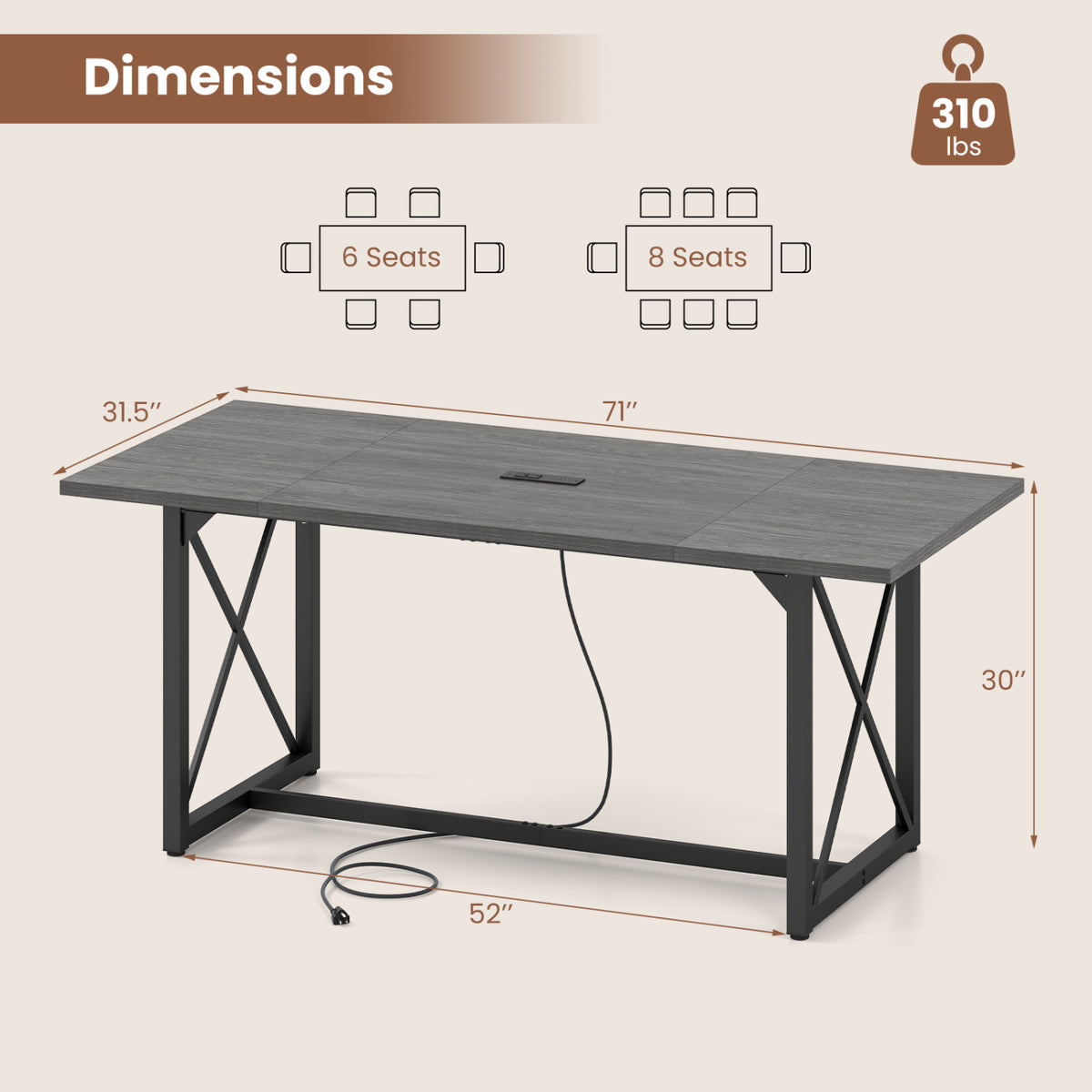 6FT Conference Table with Power Outlets Seats 6-8 People for Office-Gray
