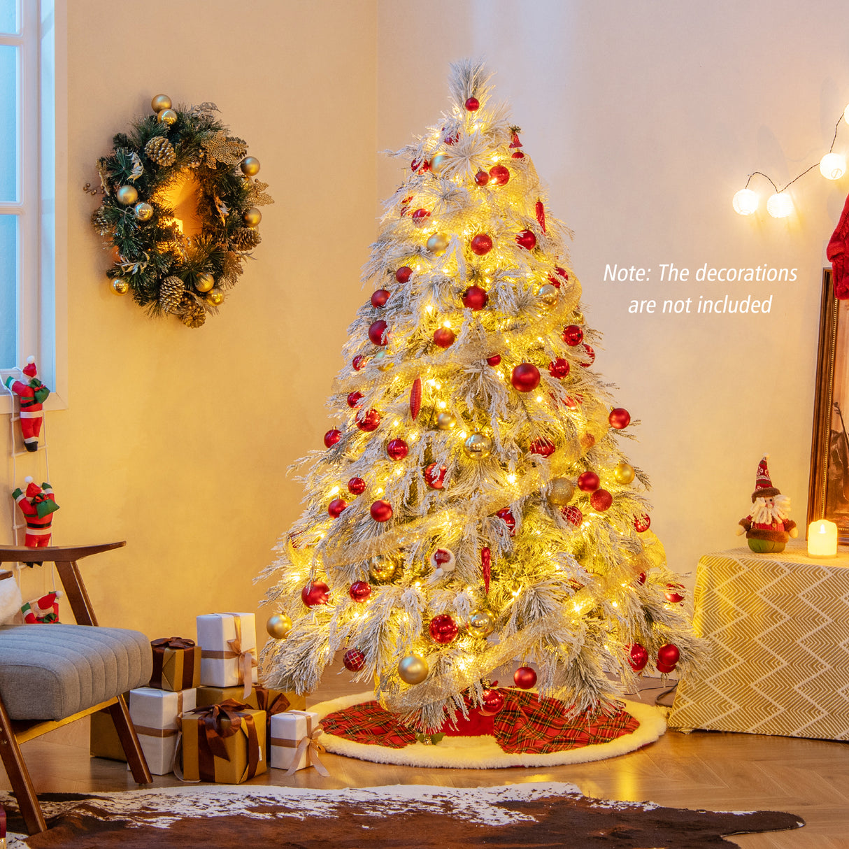 6 Feet Pre-Lit Snow Flocked Christmas Tree with Warm White LED Lights-6 ft