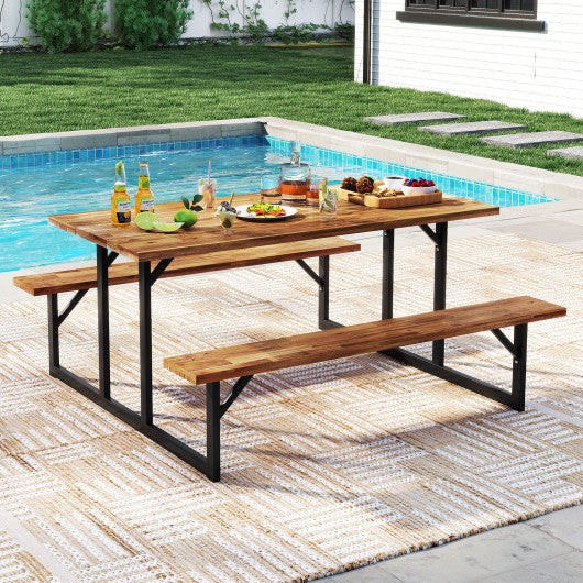6-Person Acacia Wood Picnic Table with 2 Built-In Benches
