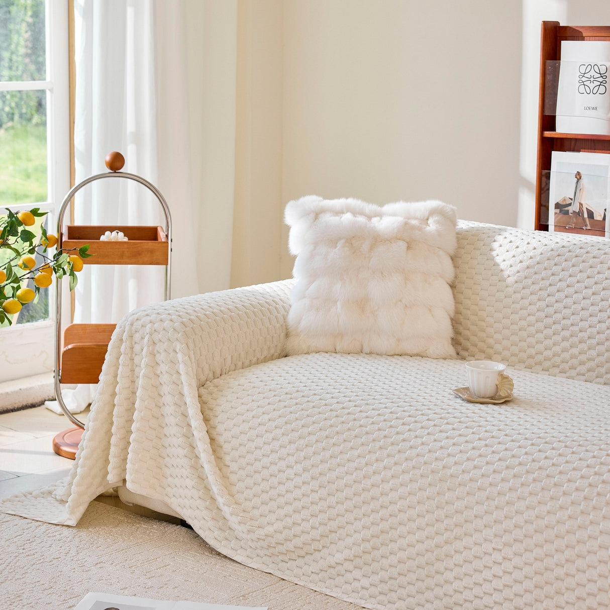 Thick Plush Non-Slip Sofa Throw Cover, Warm Soft Faux Fur Couch Protector for Winter