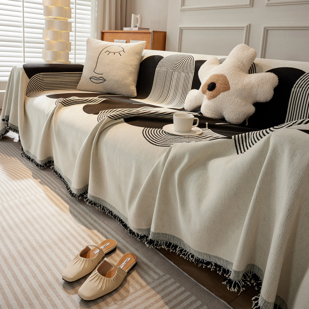 Soft Chenille Tassel Trim Sectional Sofa Protector Couch Covers for Cats Cozy Blanket Sofa Throws