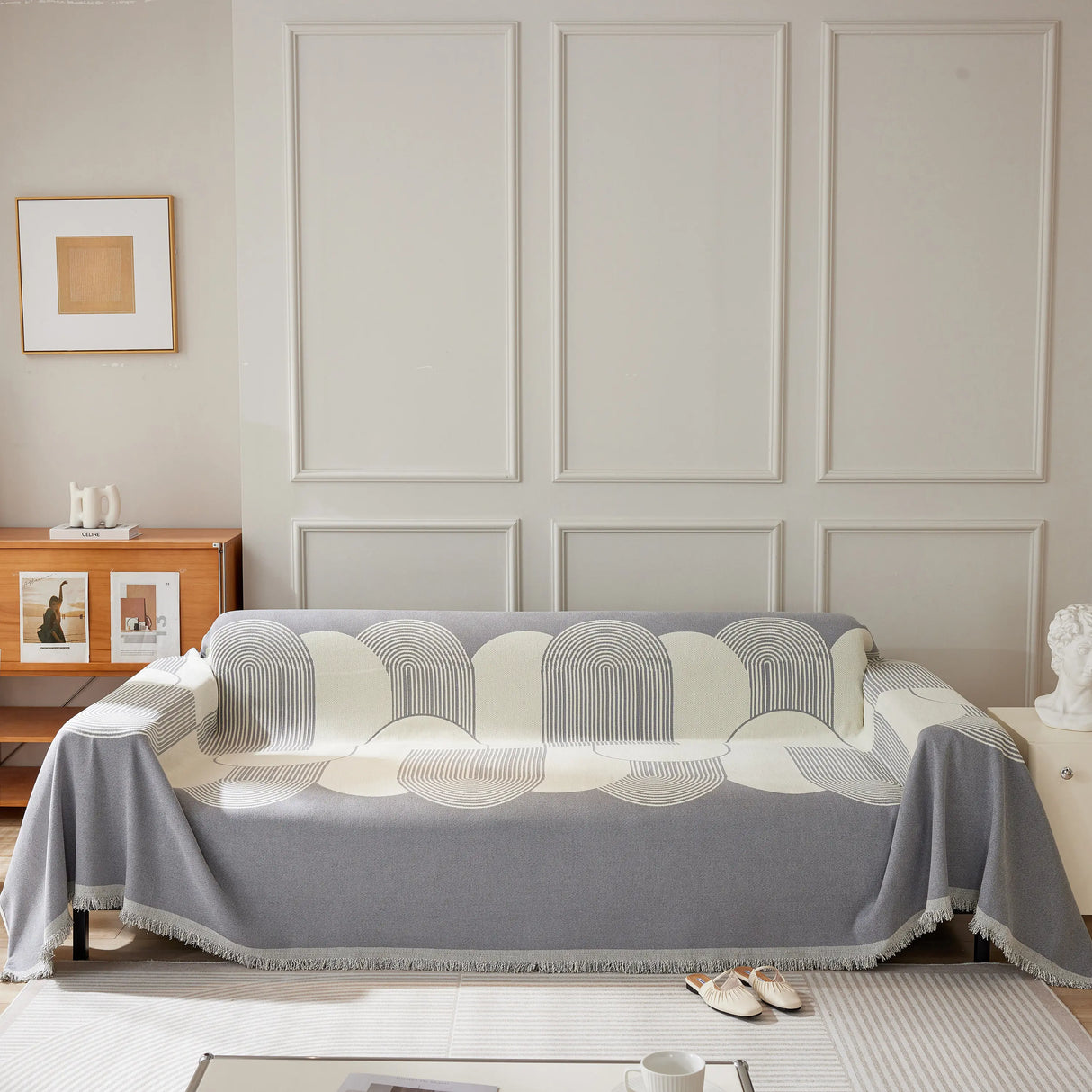 Soft Chenille Tassel Trim Sectional Sofa Protector Couch Covers for Cats Cozy Blanket Sofa Throws