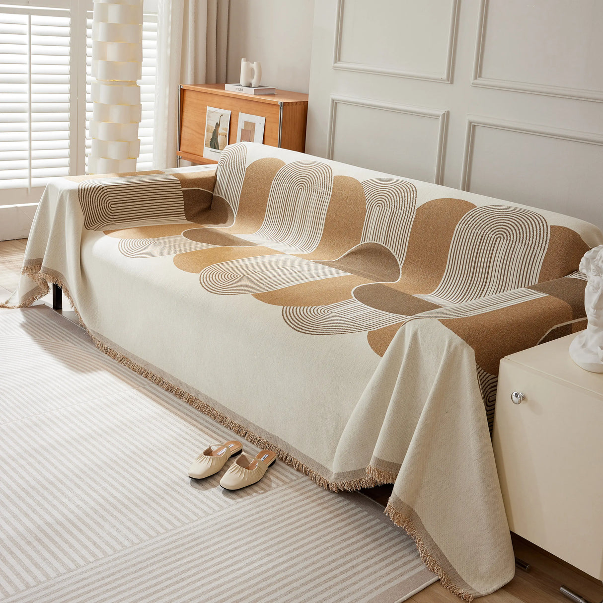 Soft Chenille Tassel Trim Sectional Sofa Protector Couch Covers for Cats Cozy Blanket Sofa Throws