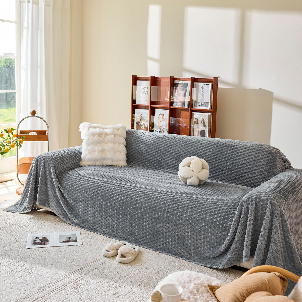 Thick Plush Non-Slip Sofa Throw Cover, Warm Soft Faux Fur Couch Protector for Winter