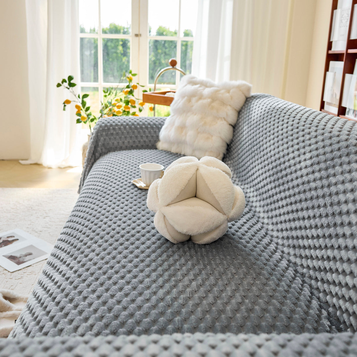 Thick Plush Non-Slip Sofa Throw Cover, Warm Soft Faux Fur Couch Protector for Winter