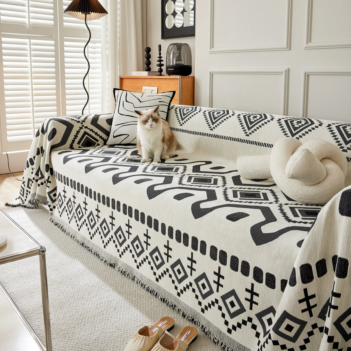 Boho Geometric Chenille Throw Sofa Cover Soft Textured Decorative Couch Blanket