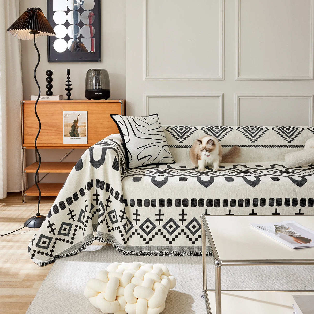 Boho Geometric Chenille Throw Sofa Cover Soft Textured Decorative Couch Blanket