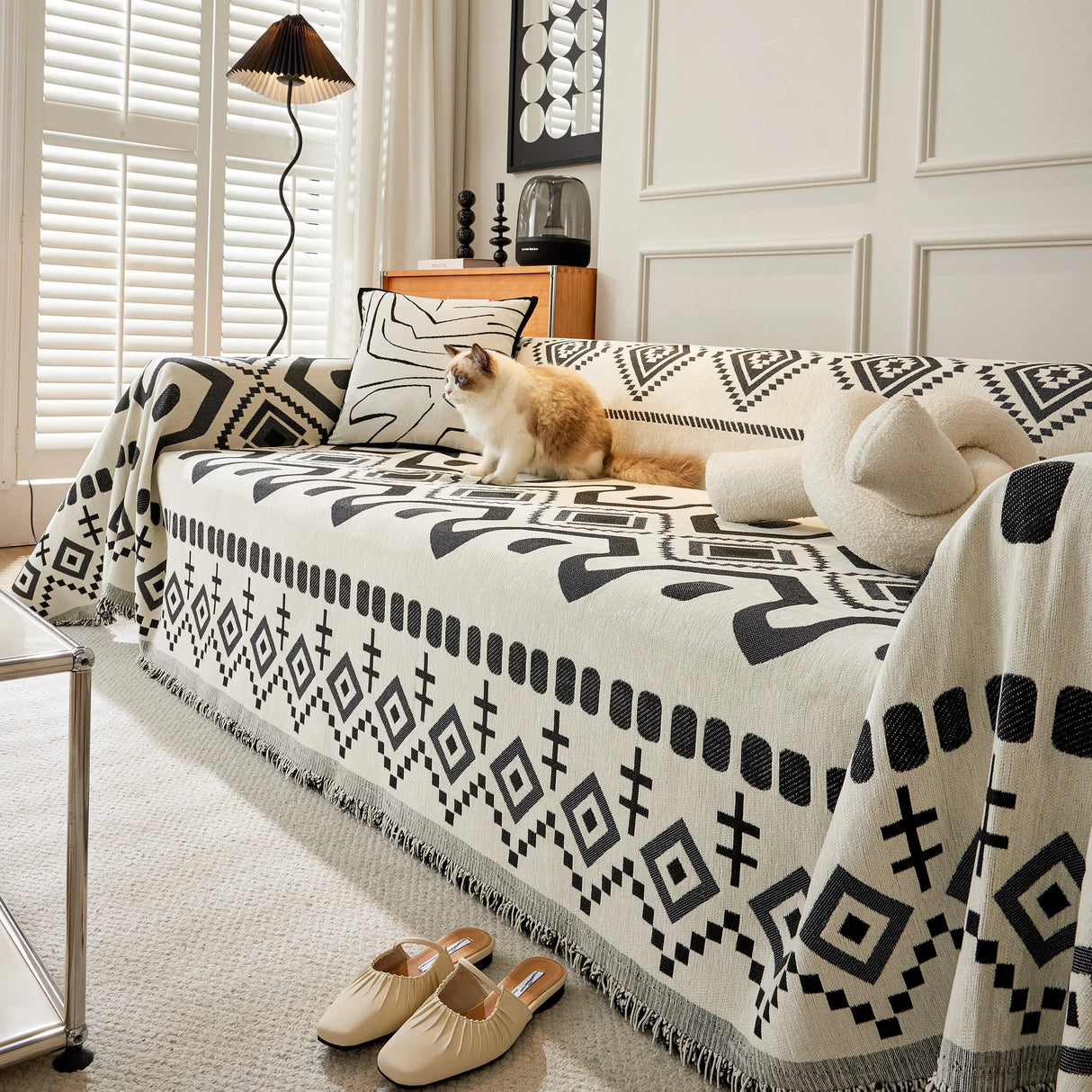 Boho Geometric Chenille Throw Sofa Cover Soft Textured Decorative Couch Blanket