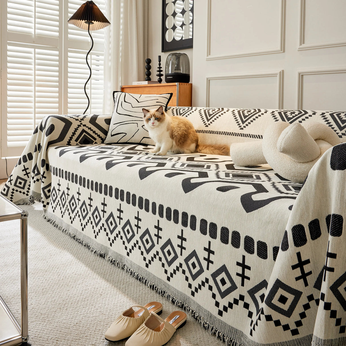 Boho Geometric Chenille Throw Sofa Cover Soft Textured Decorative Couch Blanket