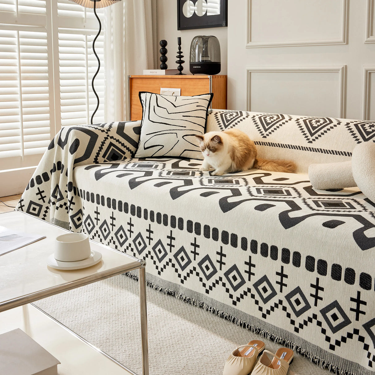 Boho Geometric Chenille Throw Sofa Cover Soft Textured Decorative Couch Blanket