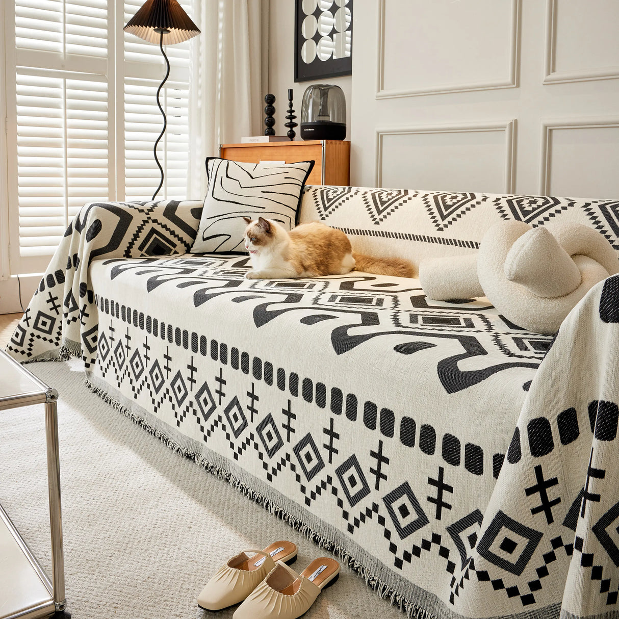 Boho Geometric Chenille Throw Sofa Cover Soft Textured Decorative Couch Blanket