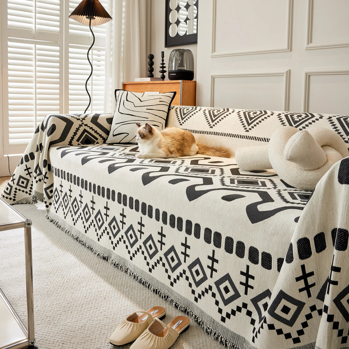 Boho Geometric Chenille Throw Sofa Cover Soft Textured Decorative Couch Blanket