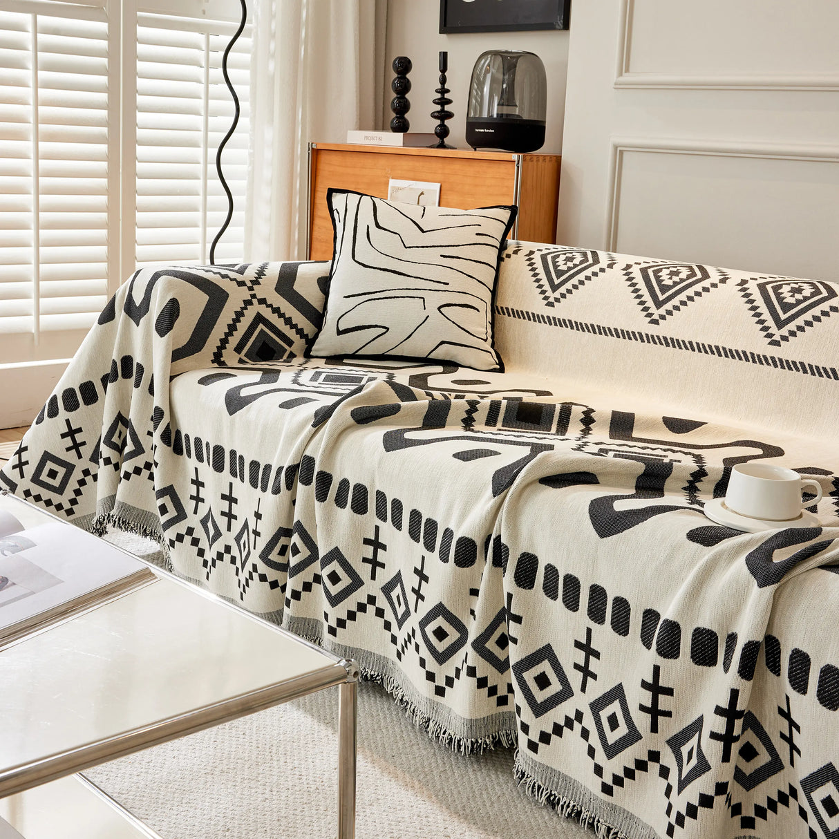 Boho Geometric Chenille Throw Sofa Cover Soft Textured Decorative Couch Blanket