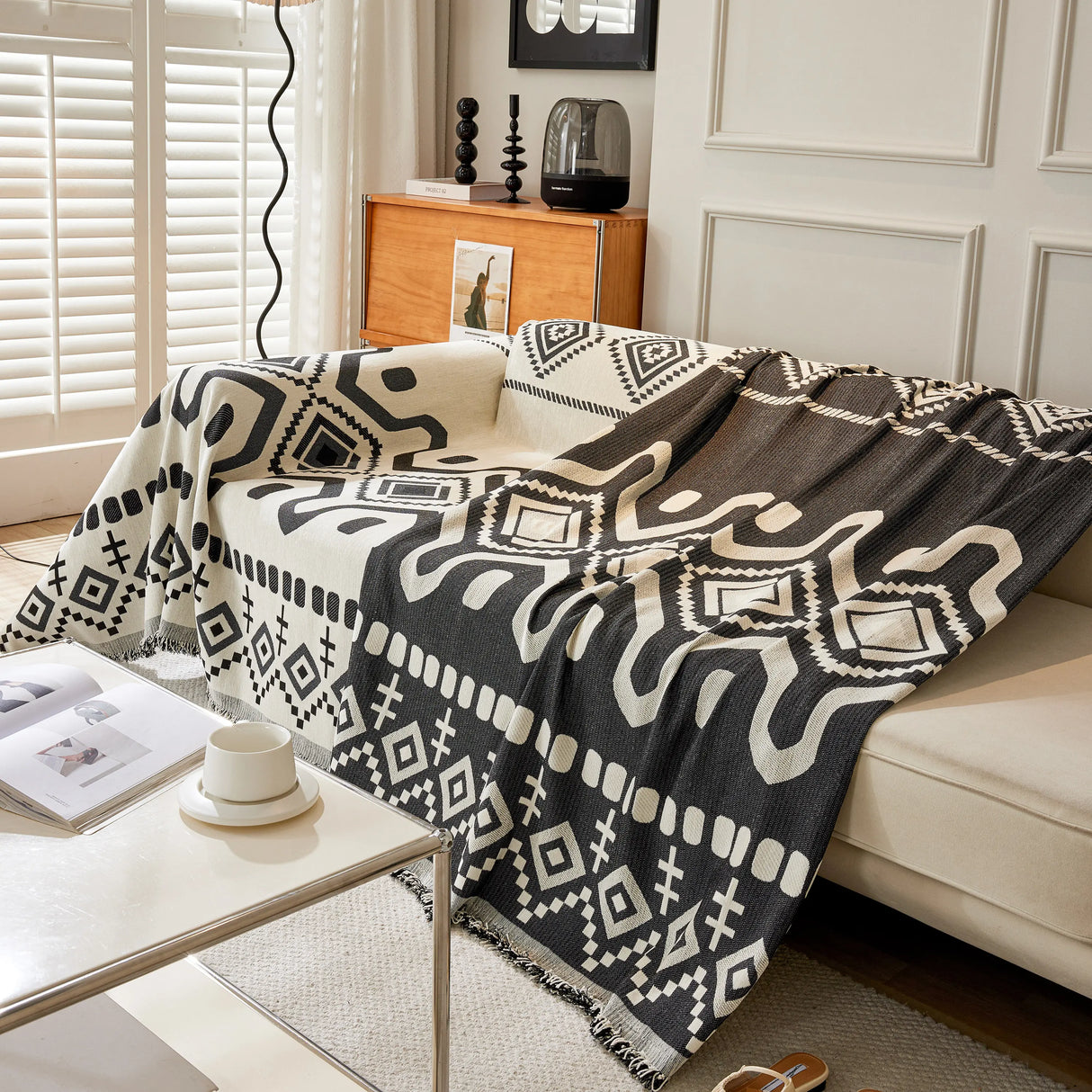 Boho Geometric Chenille Throw Sofa Cover Soft Textured Decorative Couch Blanket