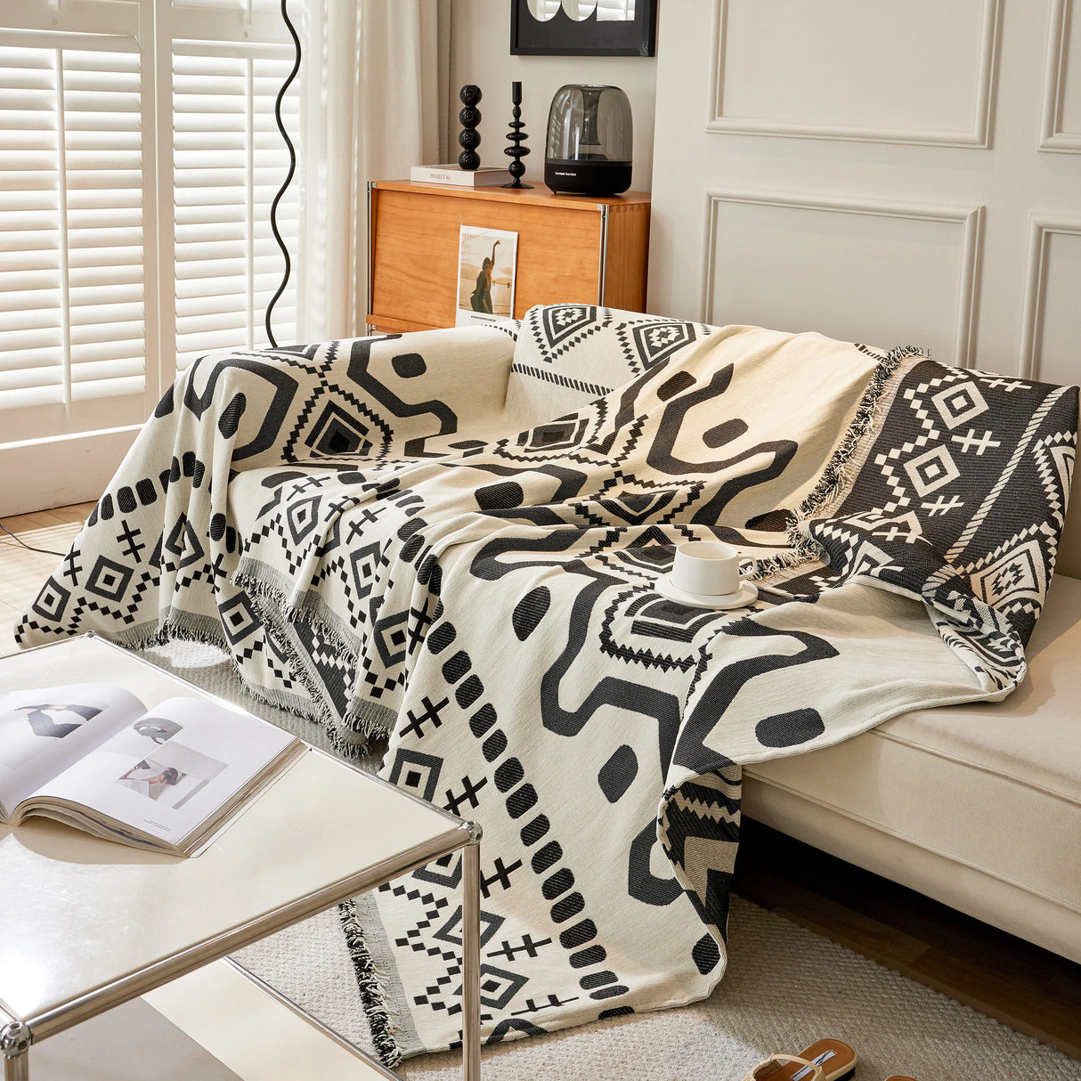 Boho Geometric Chenille Throw Sofa Cover Soft Textured Decorative Couch Blanket