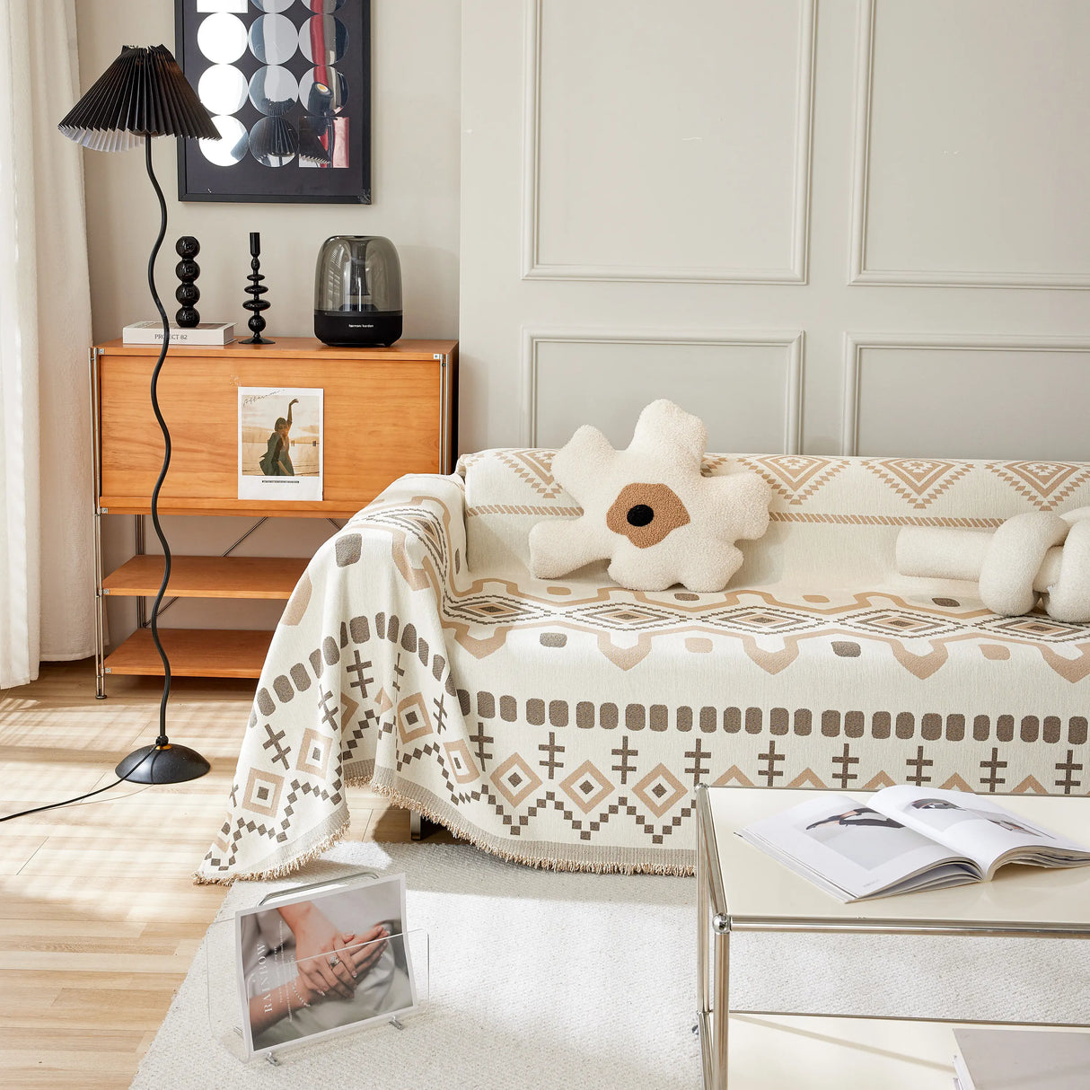 Boho Geometric Chenille Throw Sofa Cover Soft Textured Decorative Couch Blanket