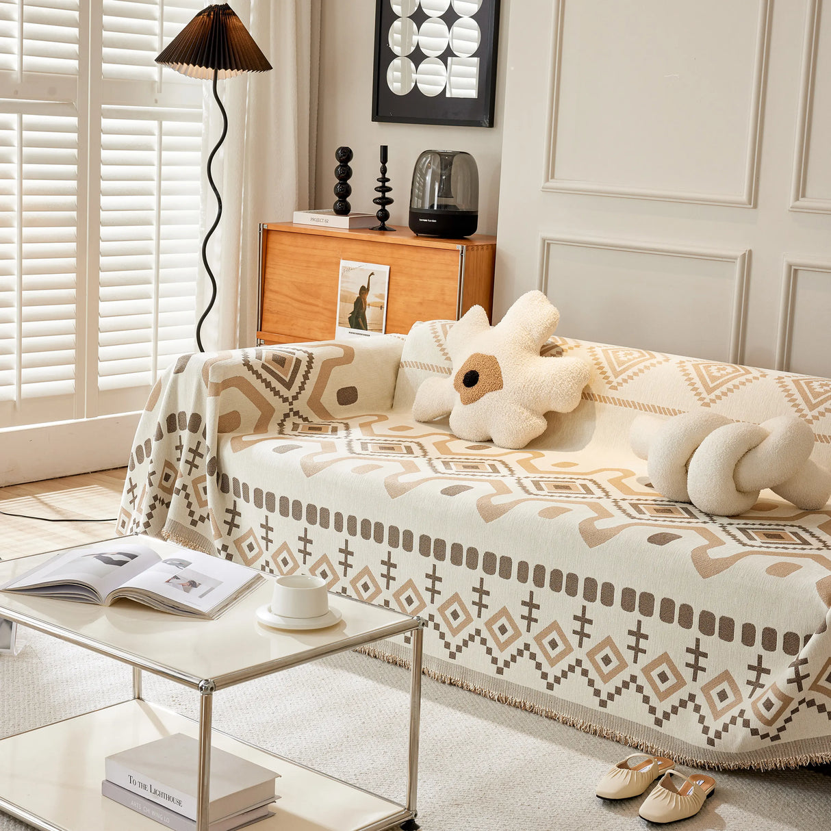 Boho Geometric Chenille Throw Sofa Cover Soft Textured Decorative Couch Blanket