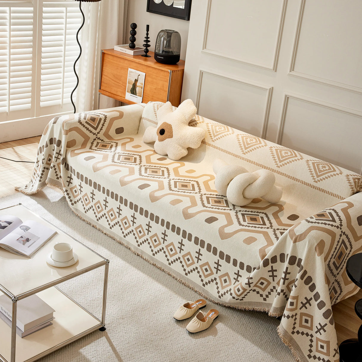 Boho Geometric Chenille Throw Sofa Cover Soft Textured Decorative Couch Blanket