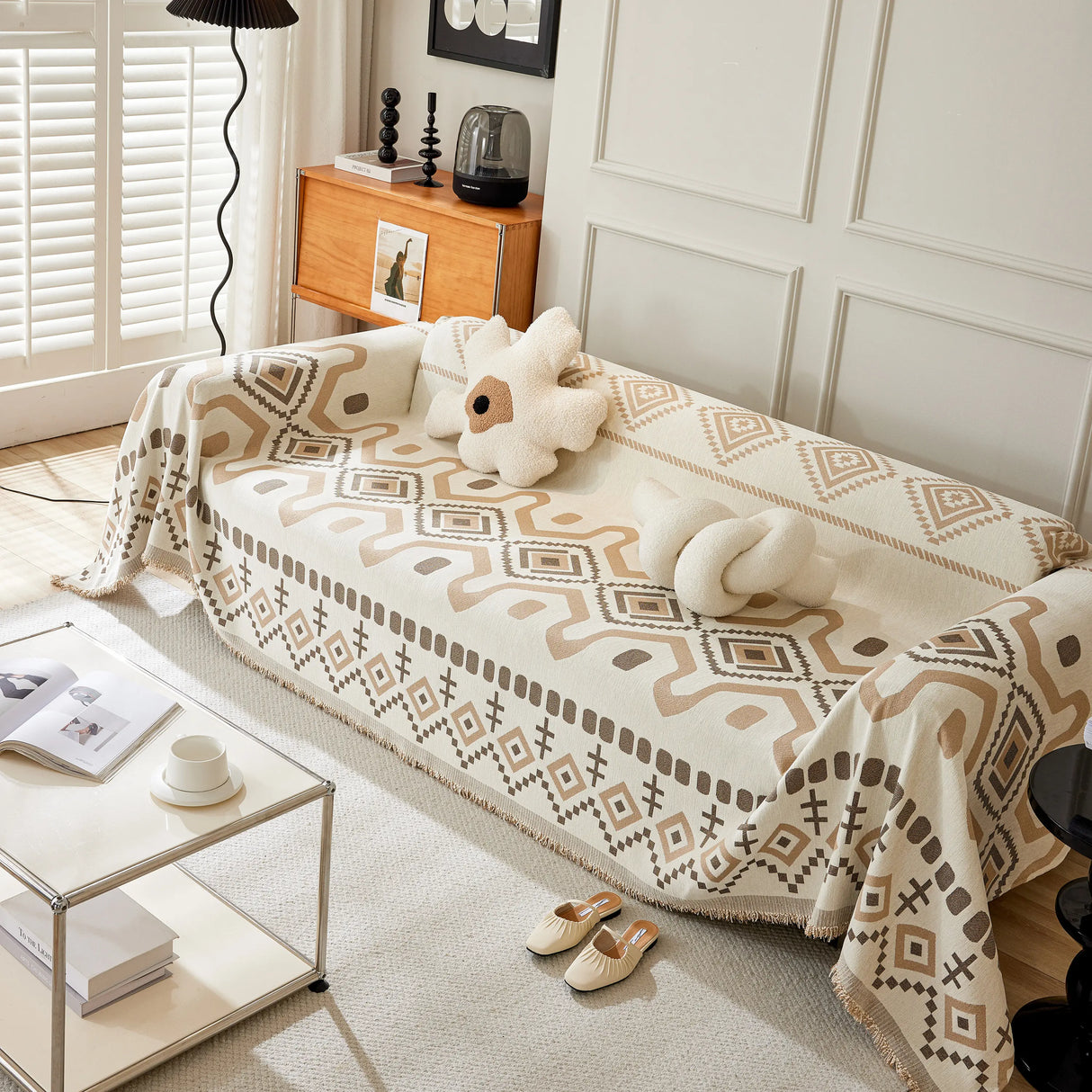 Boho Geometric Chenille Throw Sofa Cover Soft Textured Decorative Couch Blanket