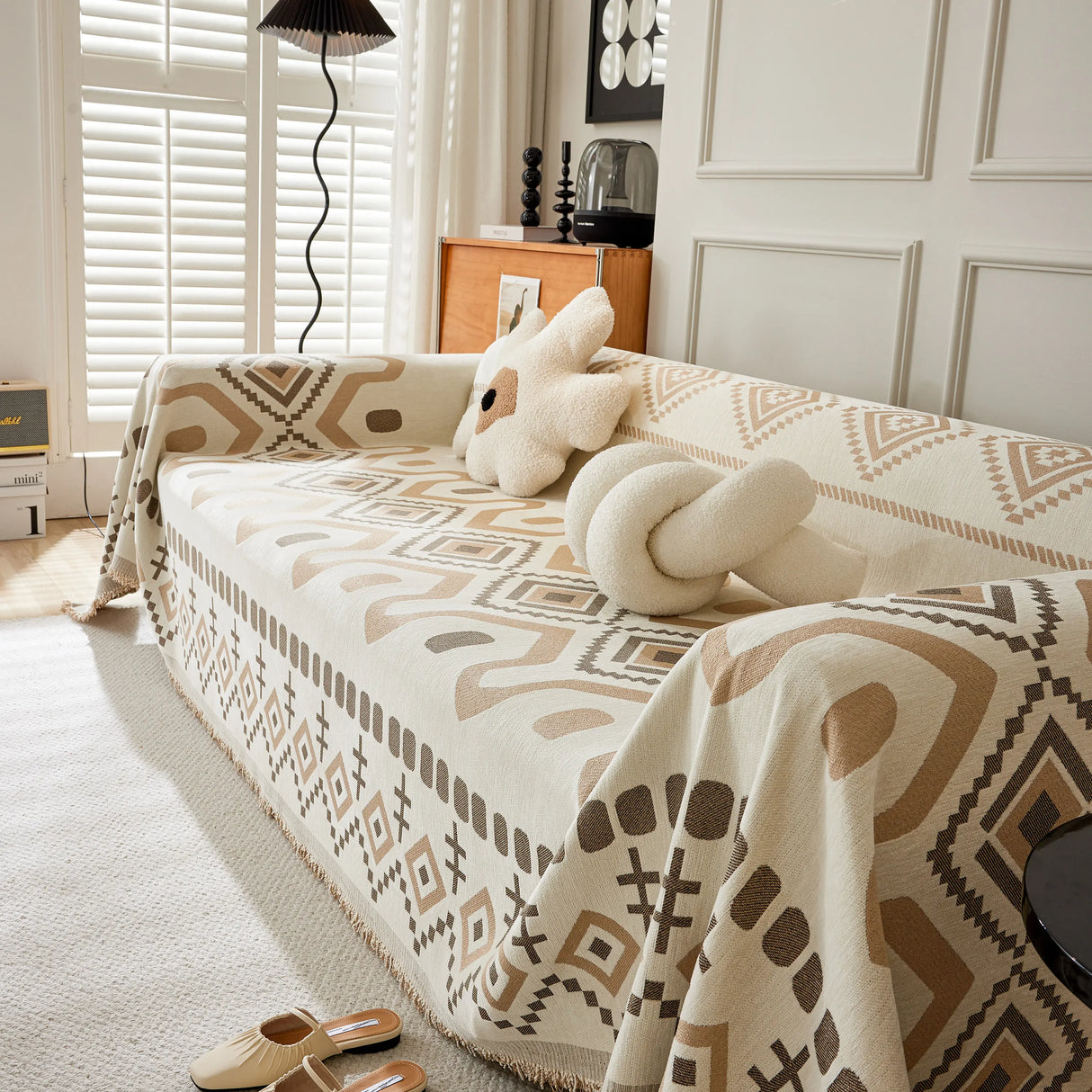 Boho Geometric Chenille Throw Sofa Cover Soft Textured Decorative Couch Blanket