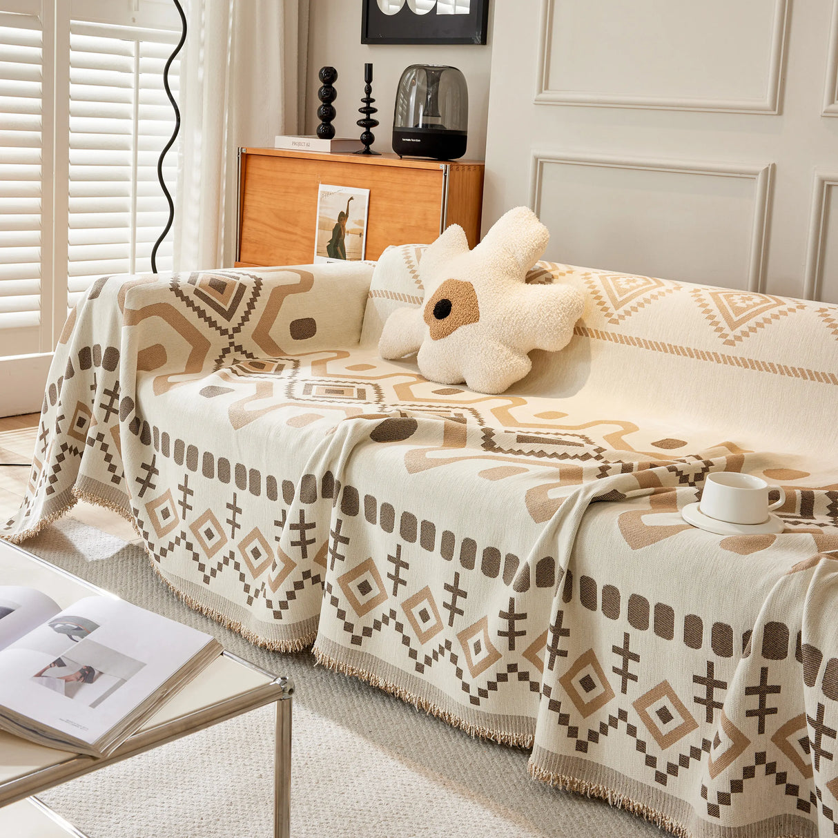 Boho Geometric Chenille Throw Sofa Cover Soft Textured Decorative Couch Blanket