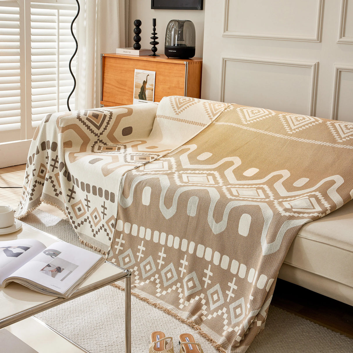 Boho Geometric Chenille Throw Sofa Cover Soft Textured Decorative Couch Blanket