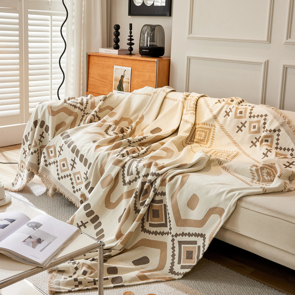 Boho Geometric Chenille Throw Sofa Cover Soft Textured Decorative Couch Blanket