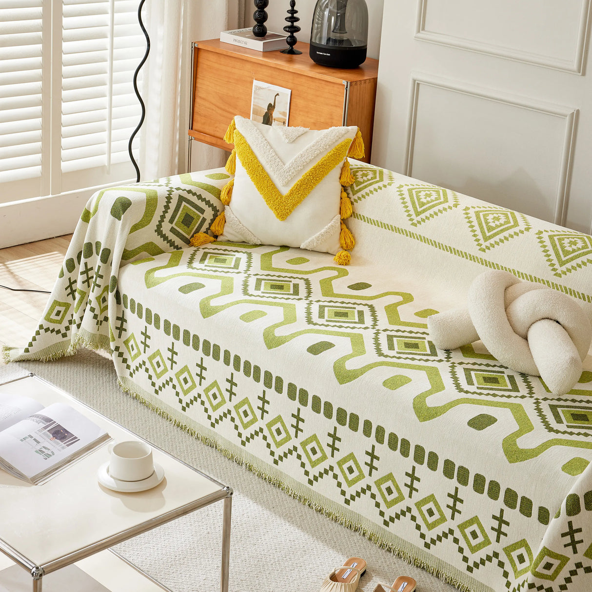 Boho Geometric Chenille Throw Sofa Cover Soft Textured Decorative Couch Blanket