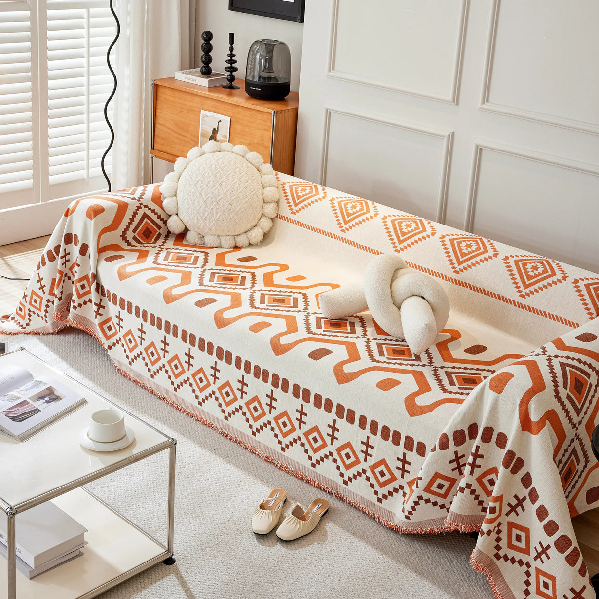 Boho Geometric Chenille Throw Sofa Cover Soft Textured Decorative Couch Blanket