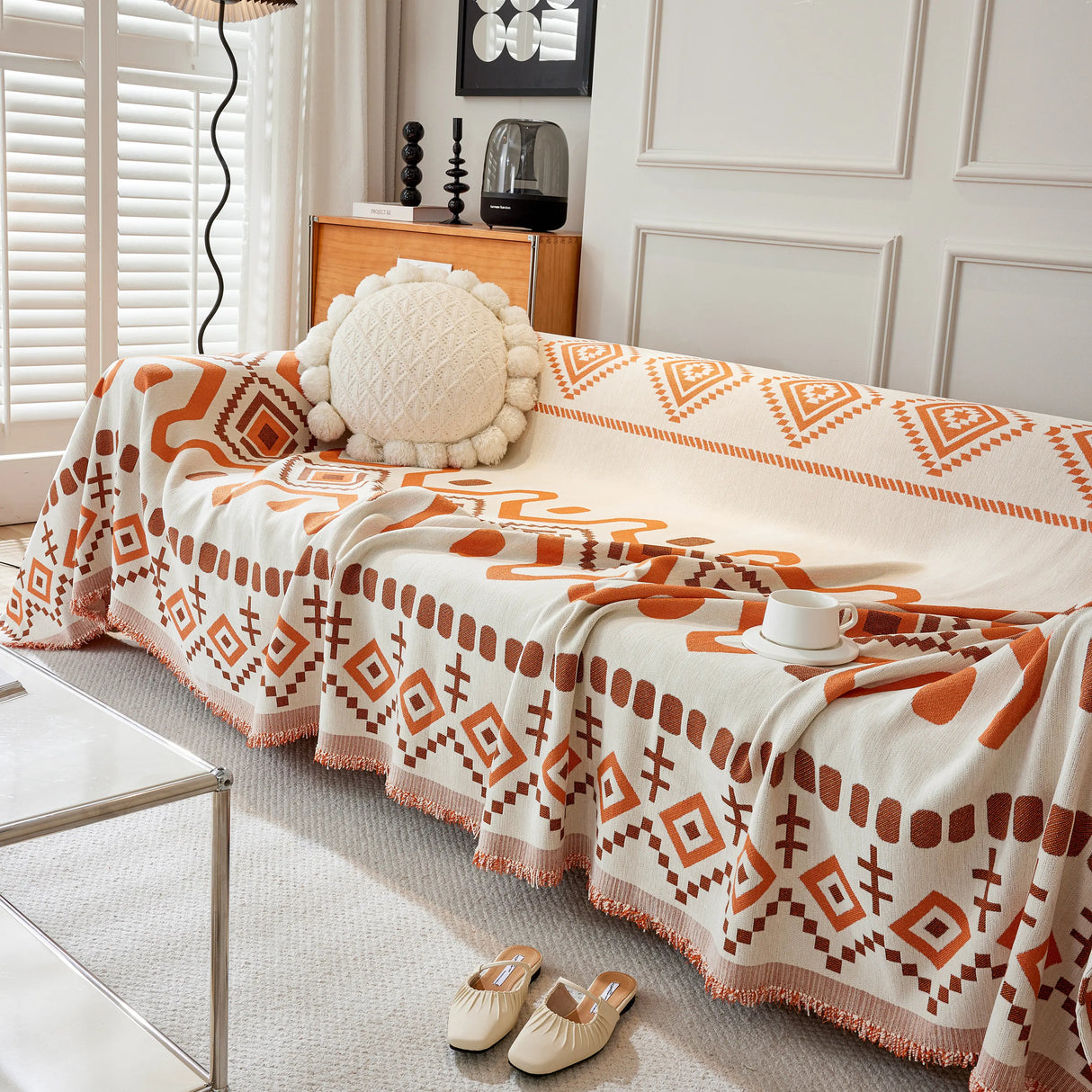 Boho Geometric Chenille Throw Sofa Cover Soft Textured Decorative Couch Blanket