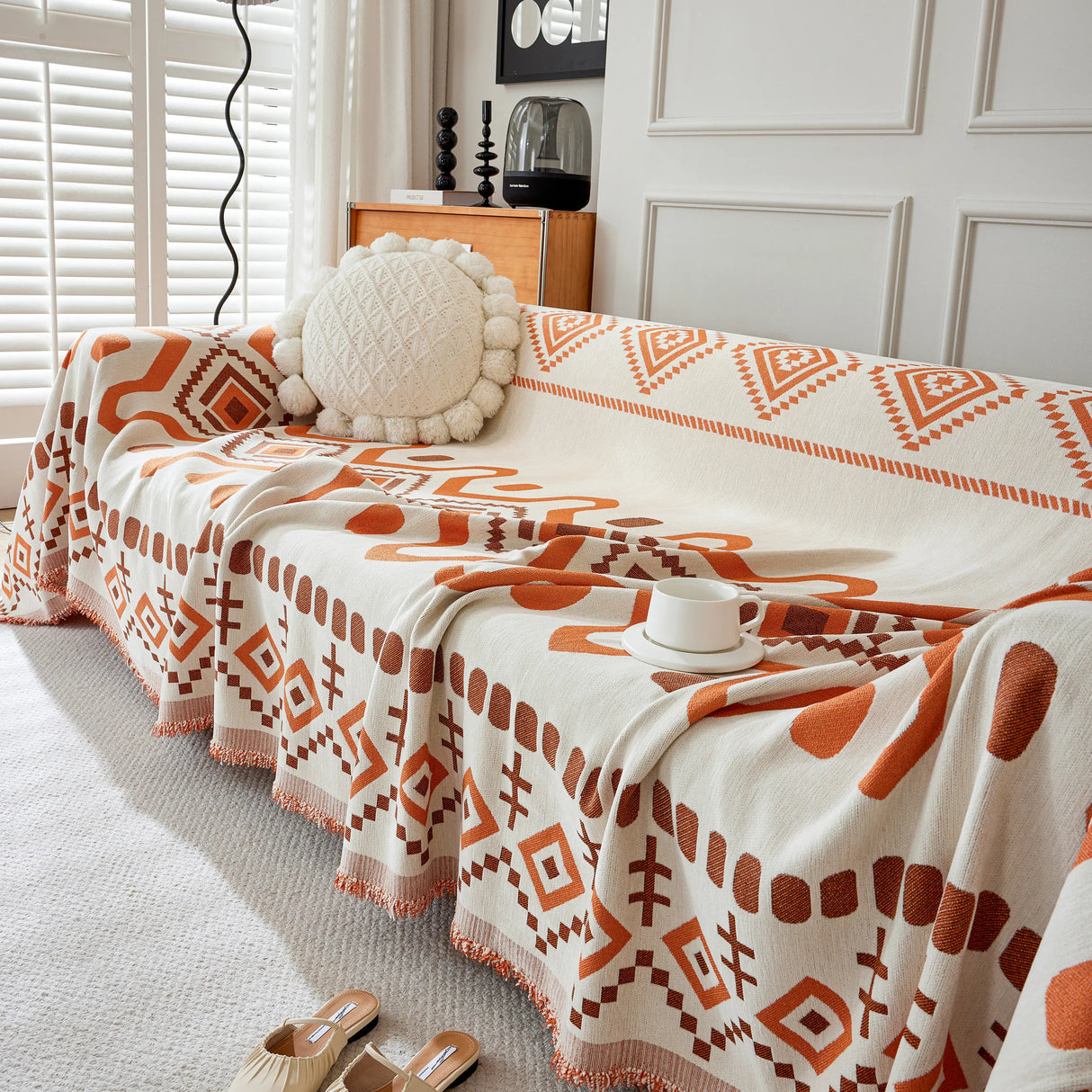 Boho Geometric Chenille Throw Sofa Cover Soft Textured Decorative Couch Blanket