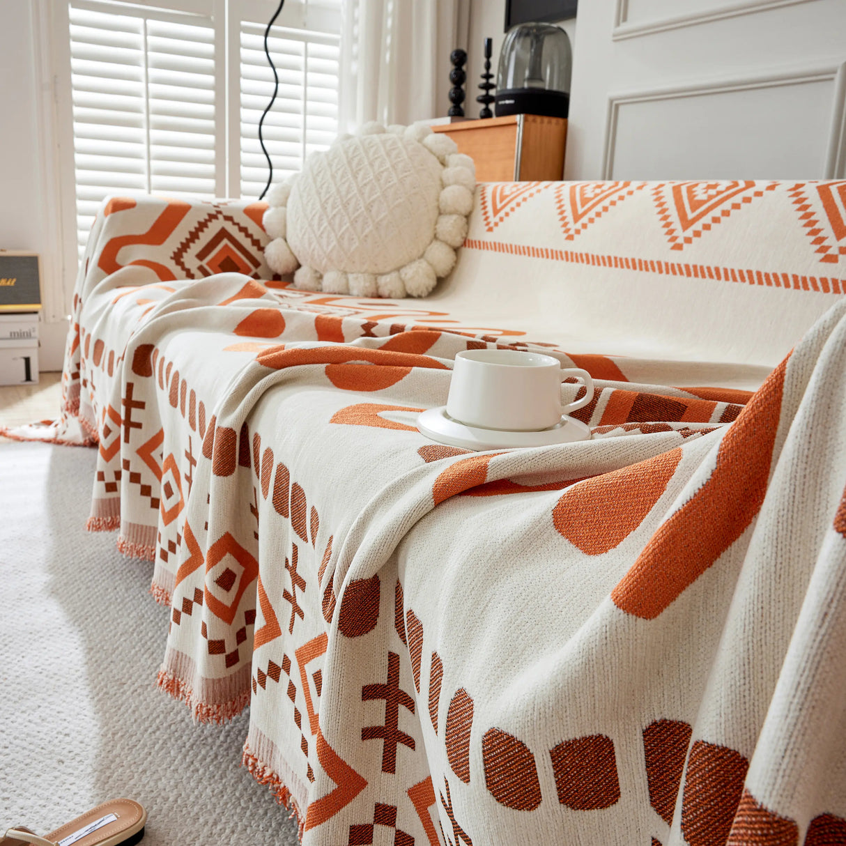 Boho Geometric Chenille Throw Sofa Cover Soft Textured Decorative Couch Blanket