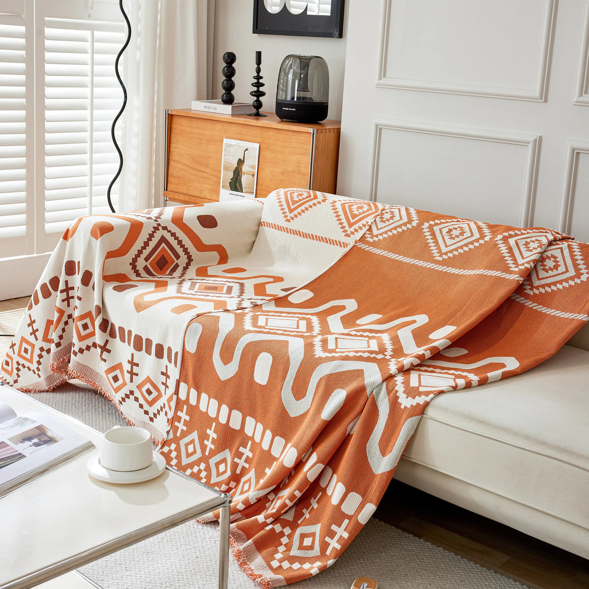 Boho Geometric Chenille Throw Sofa Cover Soft Textured Decorative Couch Blanket