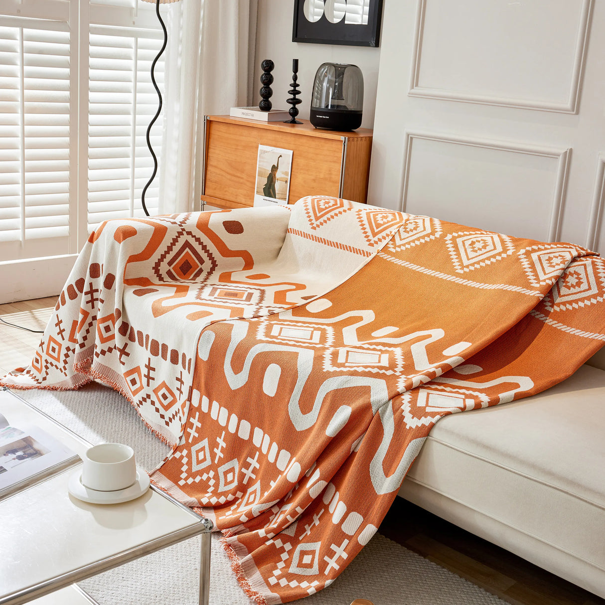 Boho Geometric Chenille Throw Sofa Cover Soft Textured Decorative Couch Blanket