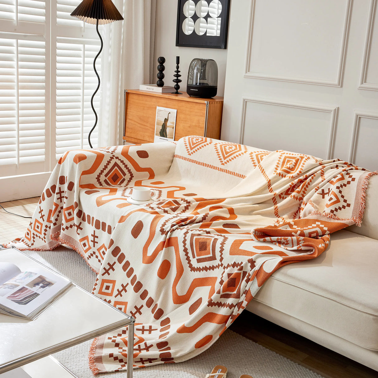 Boho Geometric Chenille Throw Sofa Cover Soft Textured Decorative Couch Blanket