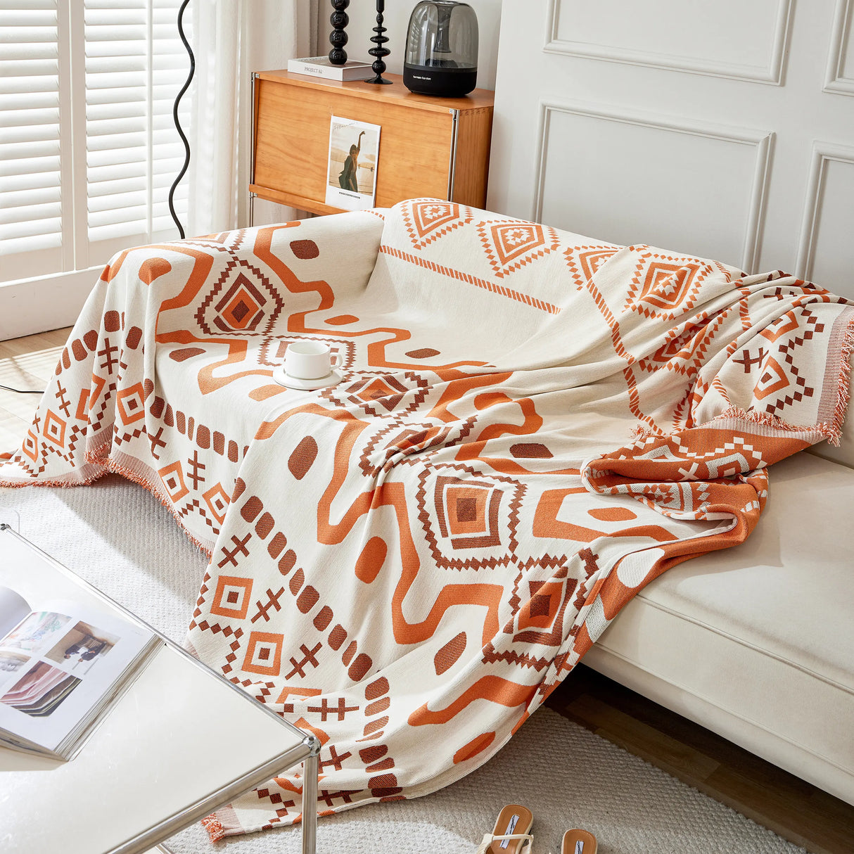 Boho Geometric Chenille Throw Sofa Cover Soft Textured Decorative Couch Blanket