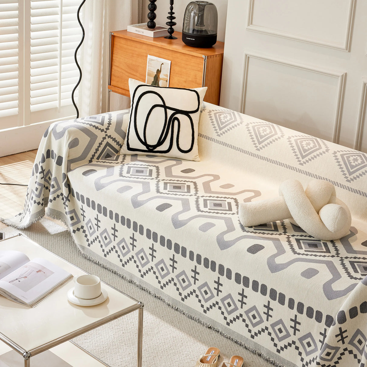 Boho Geometric Chenille Throw Sofa Cover Soft Textured Decorative Couch Blanket