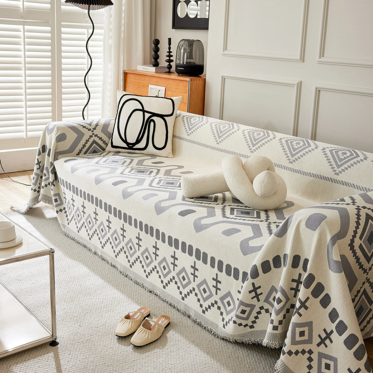 Boho Geometric Chenille Throw Sofa Cover Soft Textured Decorative Couch Blanket