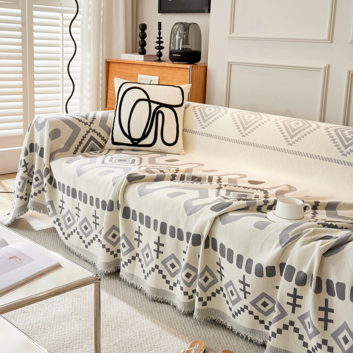 Boho Geometric Chenille Throw Sofa Cover Soft Textured Decorative Couch Blanket